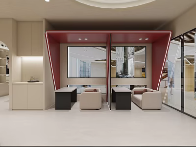 Modern Reception Area With Red Frame Display Windows Beige Sofas And Black Tables 3d model