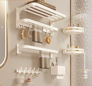 Bathroom Toilet Small Storage Rack Towel Rack Tripod Tissue Box Toilet Brush Clothes Hook Cream Style Hardware Combination 3d model