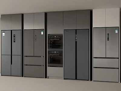 Modern Kitchen Interior With Gray Built in Refrigerators And Freezers Appliances 3d model