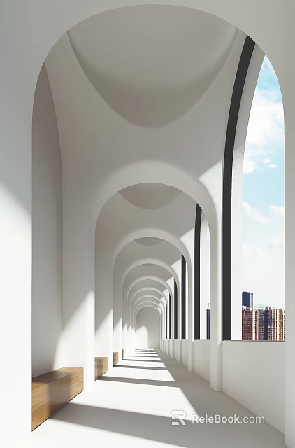 Elevator Corridor With White Arches Natural Light And City View 3d model