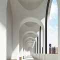 Elevator Corridor With White Arches Natural Light And City View 3d model