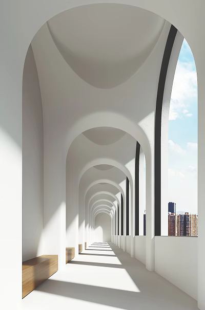 Elevator Corridor With White Arches Natural Light And City View 3d model