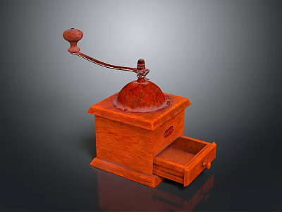 Classic Wooden Manual Coffee Grinder With Red Grinding Mechanism And Drawer 3d model