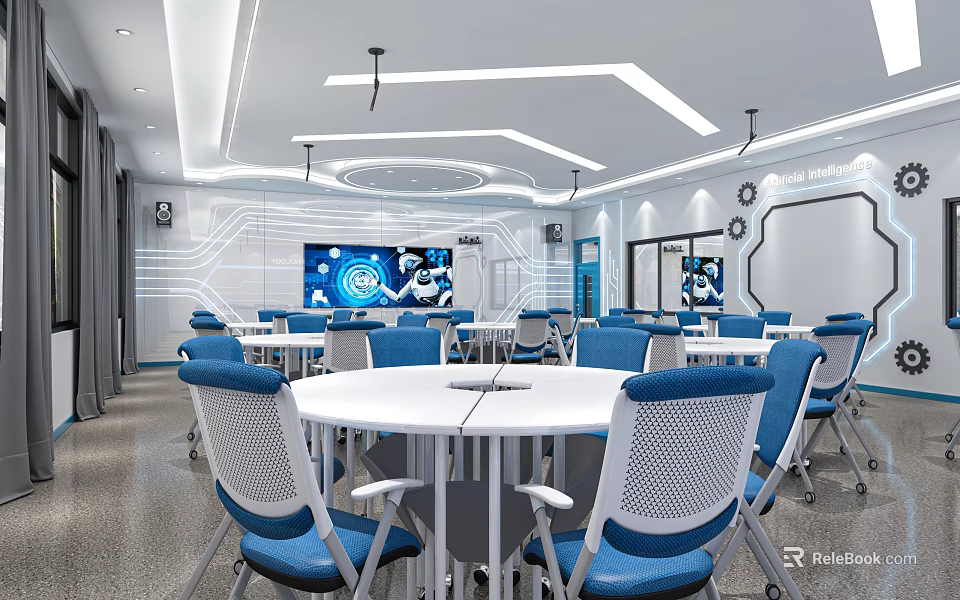 School Smart Classroom Modern Interior With Round White Tables Blue Chairs And Large Screen 3d model 