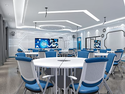 School Smart Classroom Modern Interior With Round White Tables Blue Chairs And Large Screen 3d model
