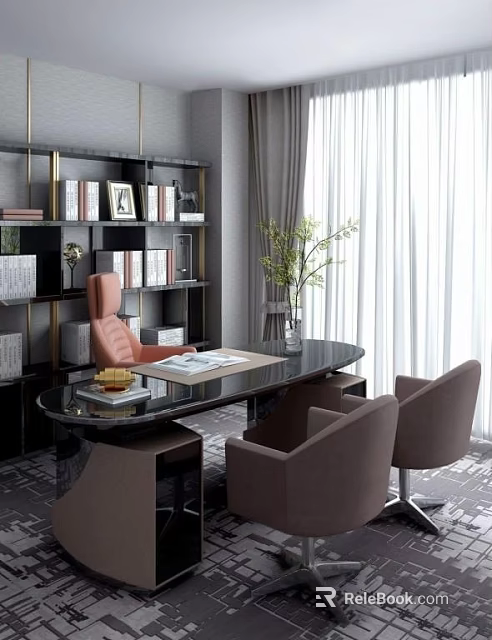 Modern Luxury Office Desk with Black Tabletop Brown Chairs Green Plant Bookshelf and Window Curtains 3d model 