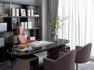 Modern Luxury Office Desk with Black Tabletop Brown Chairs Green Plant Bookshelf and Window Curtains 3d model