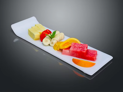 Fresh Mixed Fruits Platter with Watermelon Pineapple Banana and Orange Slices on White Plate 3d model