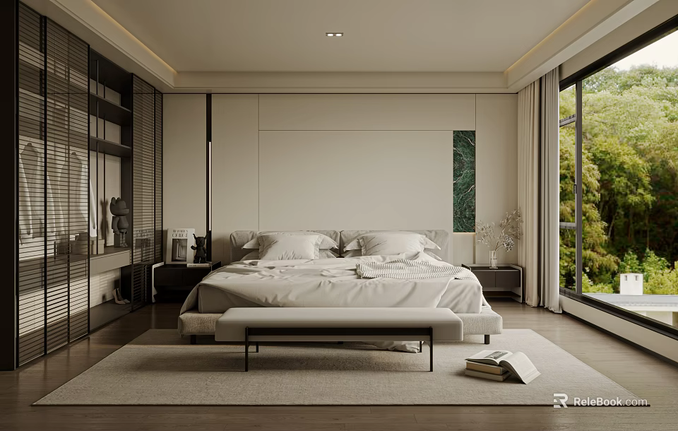 Modern Minimalist Bedroom With Large Bed Bench Nightstand And Large Windows Overlooking Green Trees 3d model 