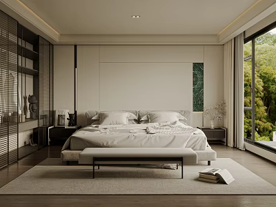 Modern Minimalist Bedroom With Large Bed Bench Nightstand And Large Windows Overlooking Green Trees 3d model