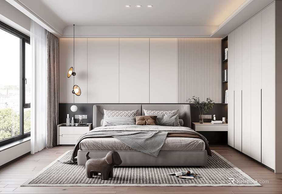 Modern Bedroom Interior With Bedside Tables Built In Wardrobes And Area Rug 3d model 