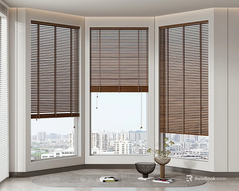 Modern Bright Interior With Wooden Blinds On Corner Windows And City View 3d model 