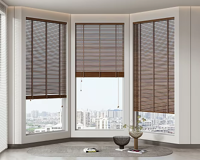 Modern Bright Interior With Wooden Blinds On Corner Windows And City View 3d model