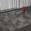 Geometric Pattern Square Rug In Room With Red Robot And White Curtains Under Natural Light