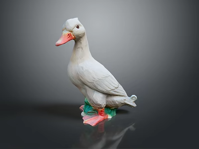 White Duck Figurine with Orange Beak and Feet on Green Base Decorative Ornament 3d model