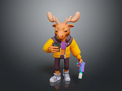 Cartoon Moose Character In Yellow Jacket And Purple Shirt Holding Phone And Colorful Drink 3d model