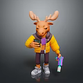 Cartoon Moose Character In Yellow Jacket And Purple Shirt Holding Phone And Colorful Drink