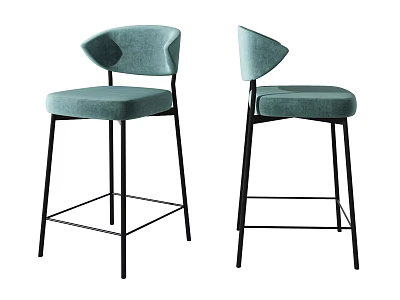 Modern Upholstered Bar Stools With Light Blue Fabric And Black Metal Legs 3d model