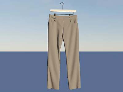 Khaki Straight Leg Pants Hanging On Wooden Hanger With Simple Design 3d model