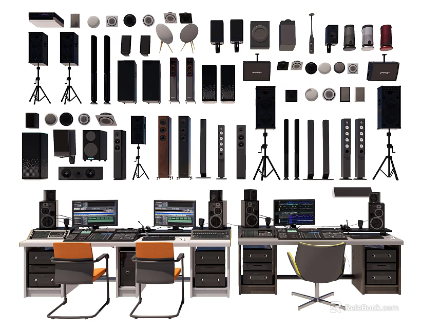 Various Types of Headphones and Speakers With Modern Designs For Home Audio Setup 3d model 