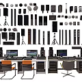 Various Types of Headphones and Speakers With Modern Designs For Home Audio Setup