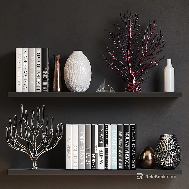 Modern Ornamental Decor Collection With Ceramic Vase Metal Sculpture Glass Geometric Decor And Books 3d model 