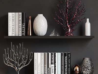 Modern Ornamental Decor Collection With Ceramic Vase Metal Sculpture Glass Geometric Decor And Books 3d model