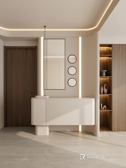Modern Entryway Design With Wooden Door Circular Mirrors White Cabinet Led Lighting And Open Shelves 3d model 