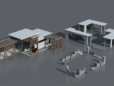 Traditional Modern Landscape Pavilion Design With Wooden Structure And Stone Courtyard 3d model