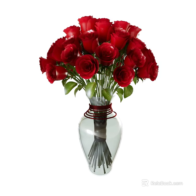 Bouquet of Red Roses in Transparent Vase with Green Leaves and Red Wire Decoration 3d model 