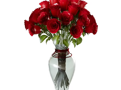 Bouquet of Red Roses in Transparent Vase with Green Leaves and Red Wire Decoration 3d model