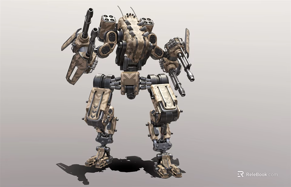 Armored Military Robot Character With Mechanical Joints And Multiple Combat Weapons 3d model 