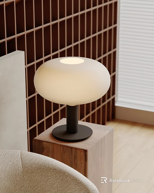 Modern Table Lamp With White Round Shade Black Base On Wooden Tabletop Against Brick Wall 3d model 