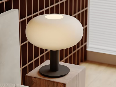 Modern Table Lamp With White Round Shade Black Base On Wooden Tabletop Against Brick Wall 3d model