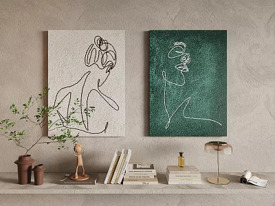 Abstract Line Art Paintings Of Women Profiles On Beige And Green Backgrounds For Wall Decor 3d model