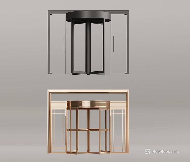 Modern Revolving Door Design With Black And Gold Frames And Transparent Glass 3d model 