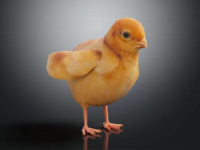 Fluffy Yellow Baby Chicken Standing On Shiny Surface With Dark Background 3d model