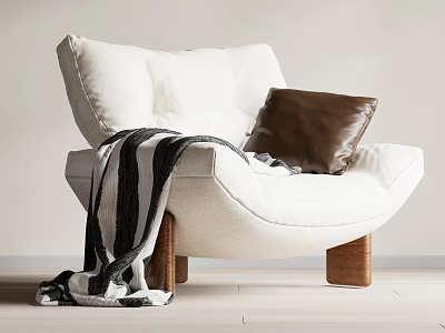 White Single Sofa Featuring Brown Leather Pillow Black And White Striped Blanket And Wooden Legs 3d model
