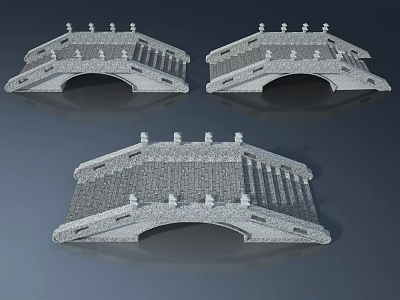 Three Stone Arch Bridge 3D Models with Classical Railings and Gray Stone Design 3d model