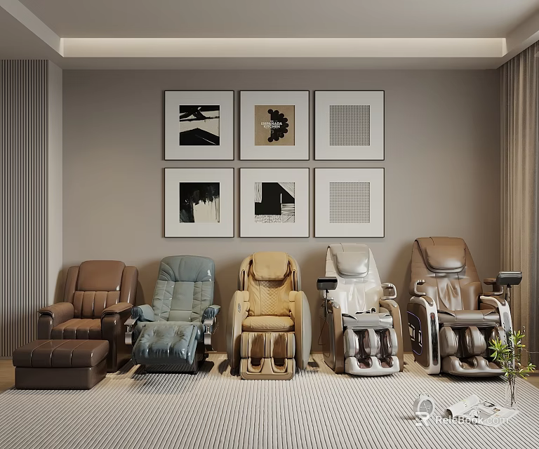 Different Colored Massage Chairs in Modern Interior with Decorative Wall Art and Carpet 3d model 