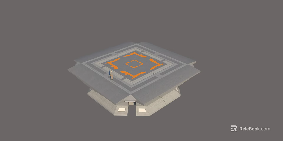Abstract Square Structure With Central Orange Geometric Pattern Gray Floor Base And Standing Person 3d model