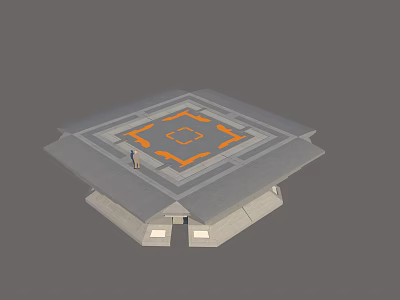 Abstract Square Structure With Central Orange Geometric Pattern Gray Floor Base And Standing Person 3d model