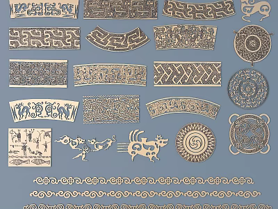 Various Traditional Carved Patterns With Geometric Animal Motifs And Decorative Art 3d model