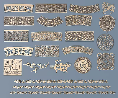 Various Traditional Carved Patterns With Geometric Animal Motifs And Decorative Art 3d model