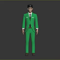 Man in Green Formal Suit and Hat Standing on Dark Background with Reflection