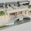Modern Entrance Gate Exterior Architecture With Wooden Structure And Courtyard Trees And Water Feature
