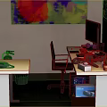 Organized Office Desk Setup With Computer Monitor Keyboard Mouse Potted Plant And Colorful Wall Painting