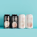 Canned White Peach Flavor Beverages in Black Pink and White on Light Blue Background
