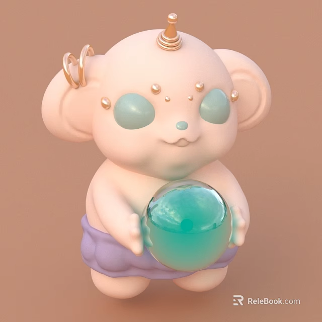 Plush Doll With Big Ears Small Horn Green Eyes Pearl Accents Holding Blue Glass Ball 3d model 