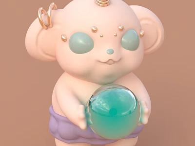 Plush Doll With Big Ears Small Horn Green Eyes Pearl Accents Holding Blue Glass Ball 3d model